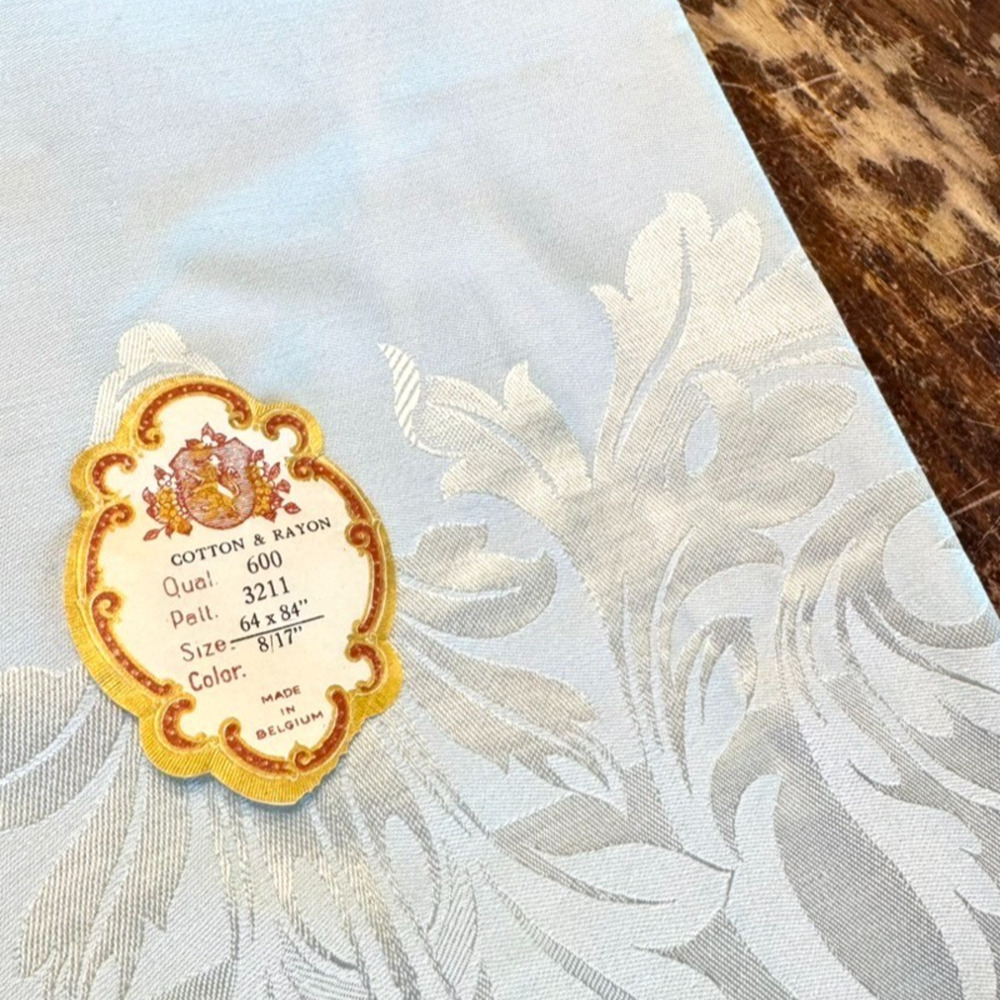 NOS Cotton & Rayon Damask Tablecloth Made in Belgium 64x84" Floral Blue Sateen